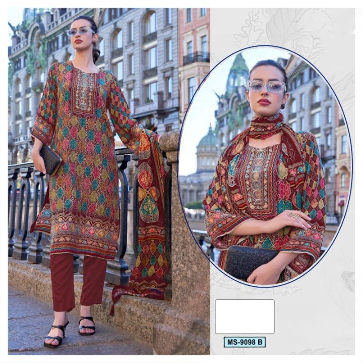 Pure Natural Crape Digital Embroidery Dresses D N :- 9098 (FULL STITCHED)