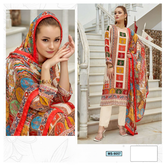 D N:- 9057 Colors Pure Muslin Readymade Pakistani Piece Pair (FULLY STITCHED)