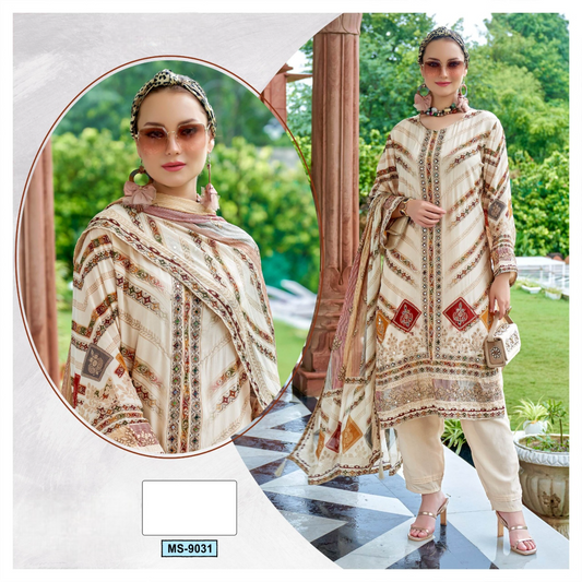 Pakistani Style Designer Muslin Printed Suit Ensemble D N:- 1884 (SEMI STITCHED)