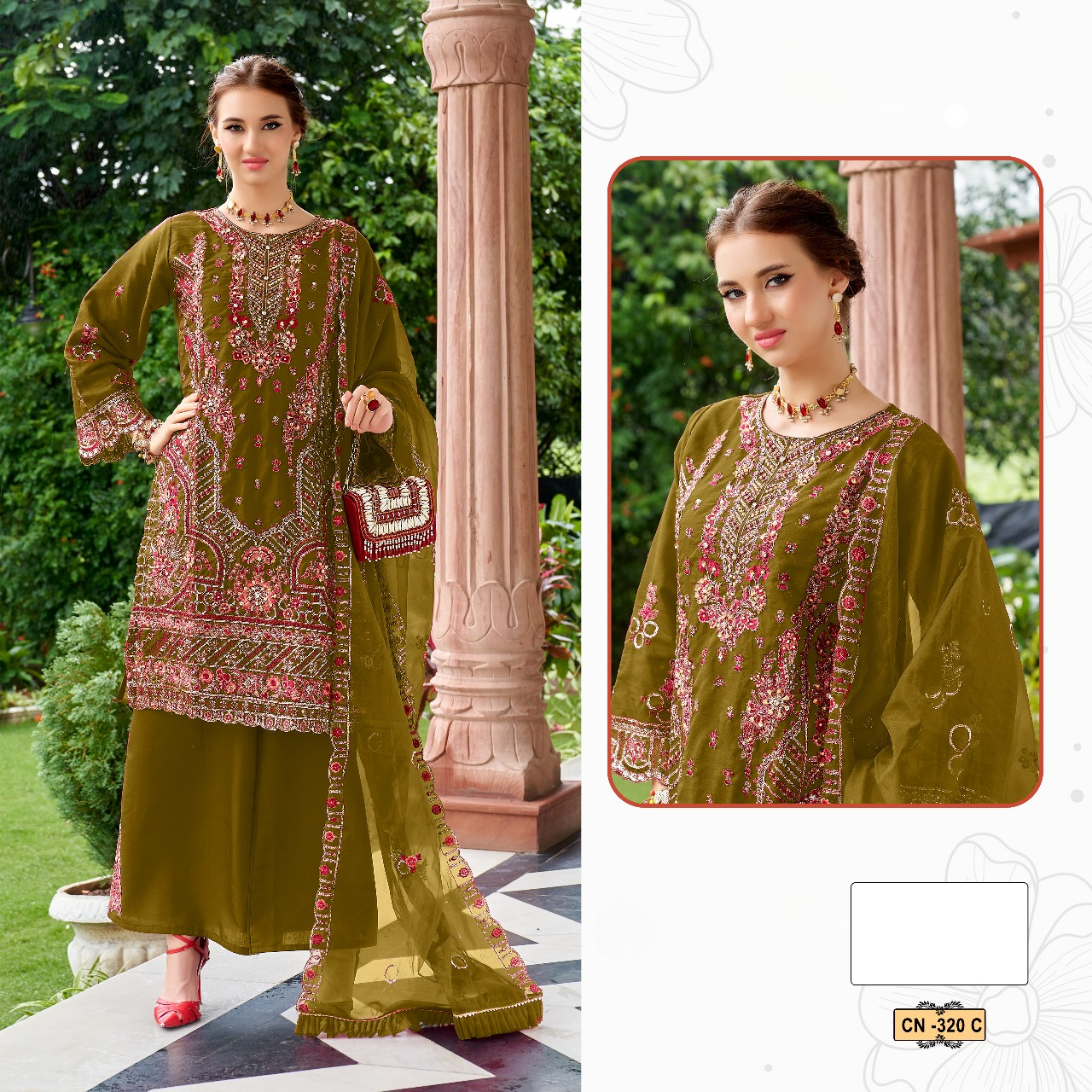 D N:- 320 COLORS ORGANZA PAKISTANI READYMADE SUIT COLLECTION (READYMADE)