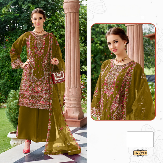 D N:- 320 COLORS ORGANZA PAKISTANI READYMADE SUIT COLLECTION (READYMADE)