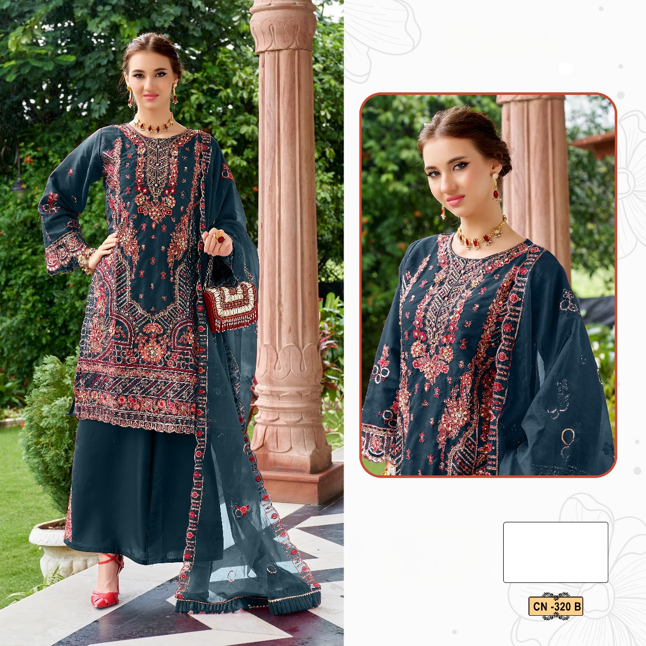 D N:- 320 COLORS ORGANZA PAKISTANI READYMADE SUIT COLLECTION (READYMADE)