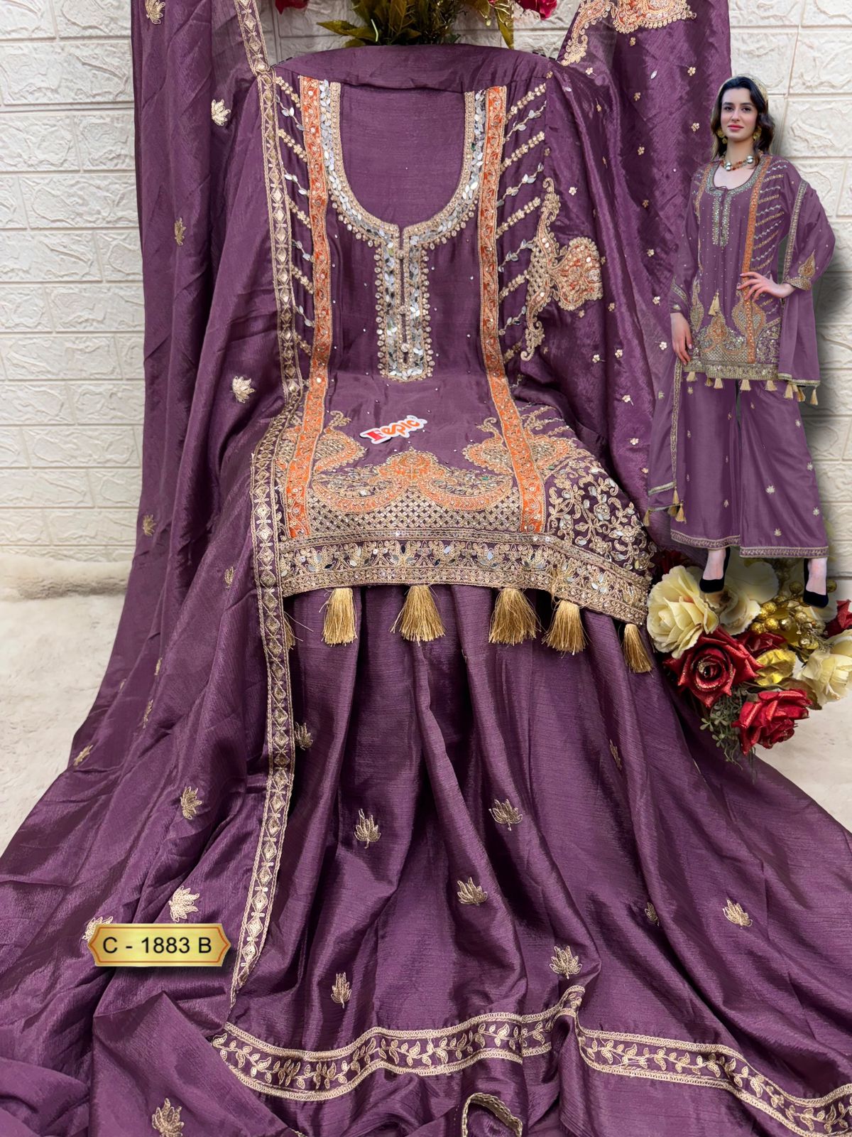 PAKISTANI CHINON PARTY WEAR SUITS D N:- 1833 (SEMI STITCHED)