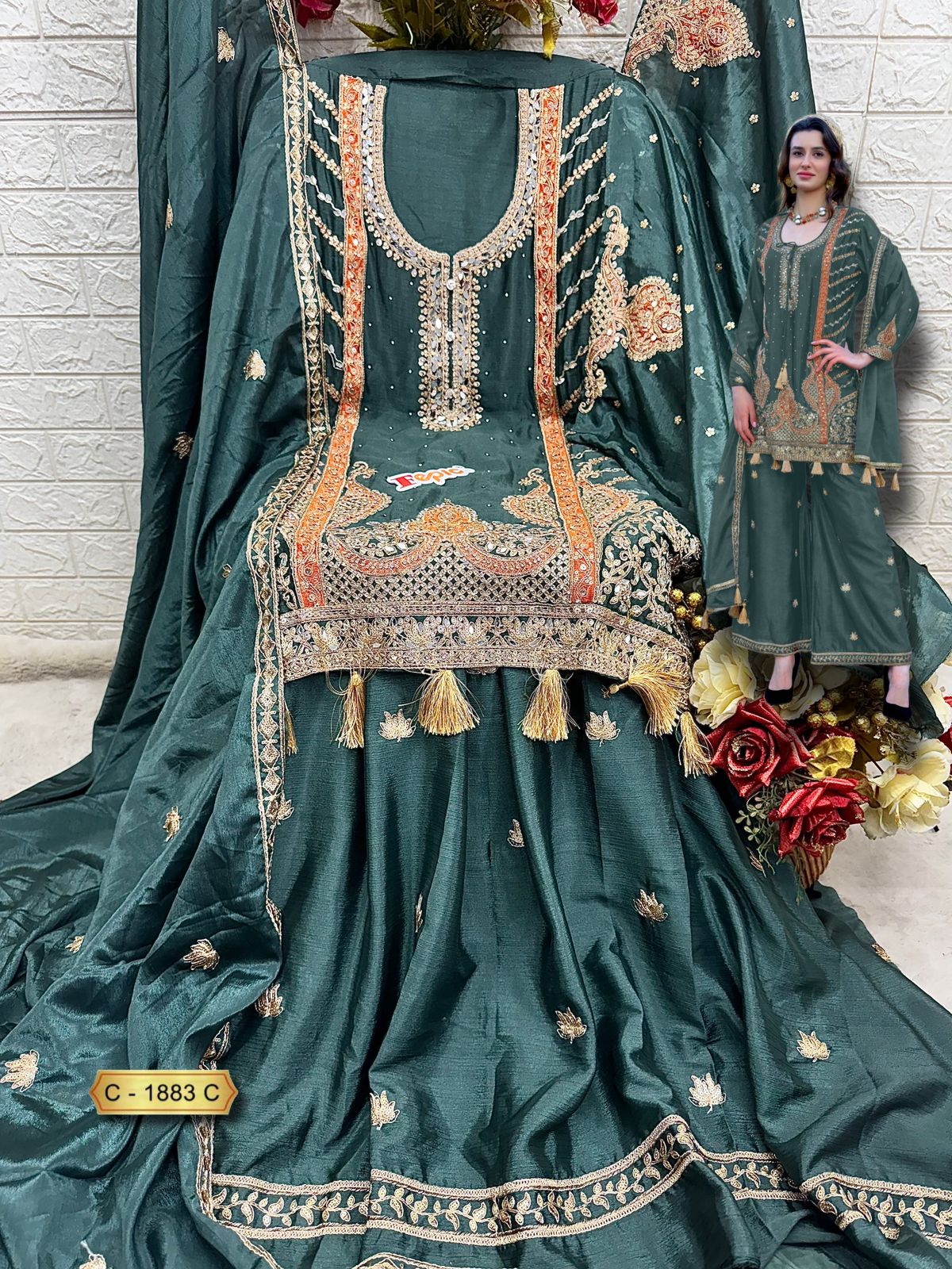 PAKISTANI CHINON PARTY WEAR SUITS D N:- 1833 (SEMI STITCHED)