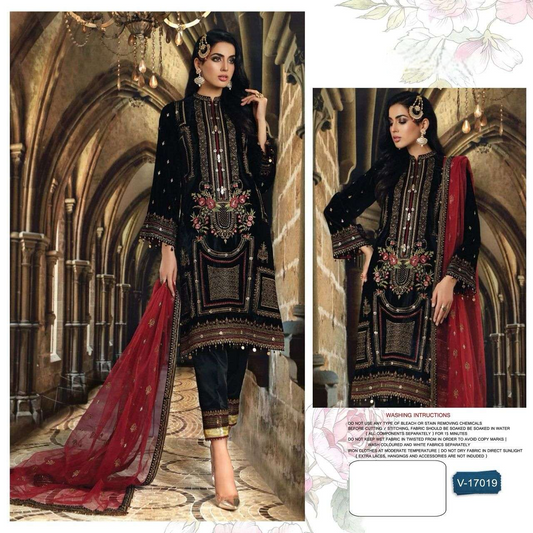 D N:- V 17019 Pakistani Style Designer Embroidered Velvet Suit Collection (SEMI STITCHED)