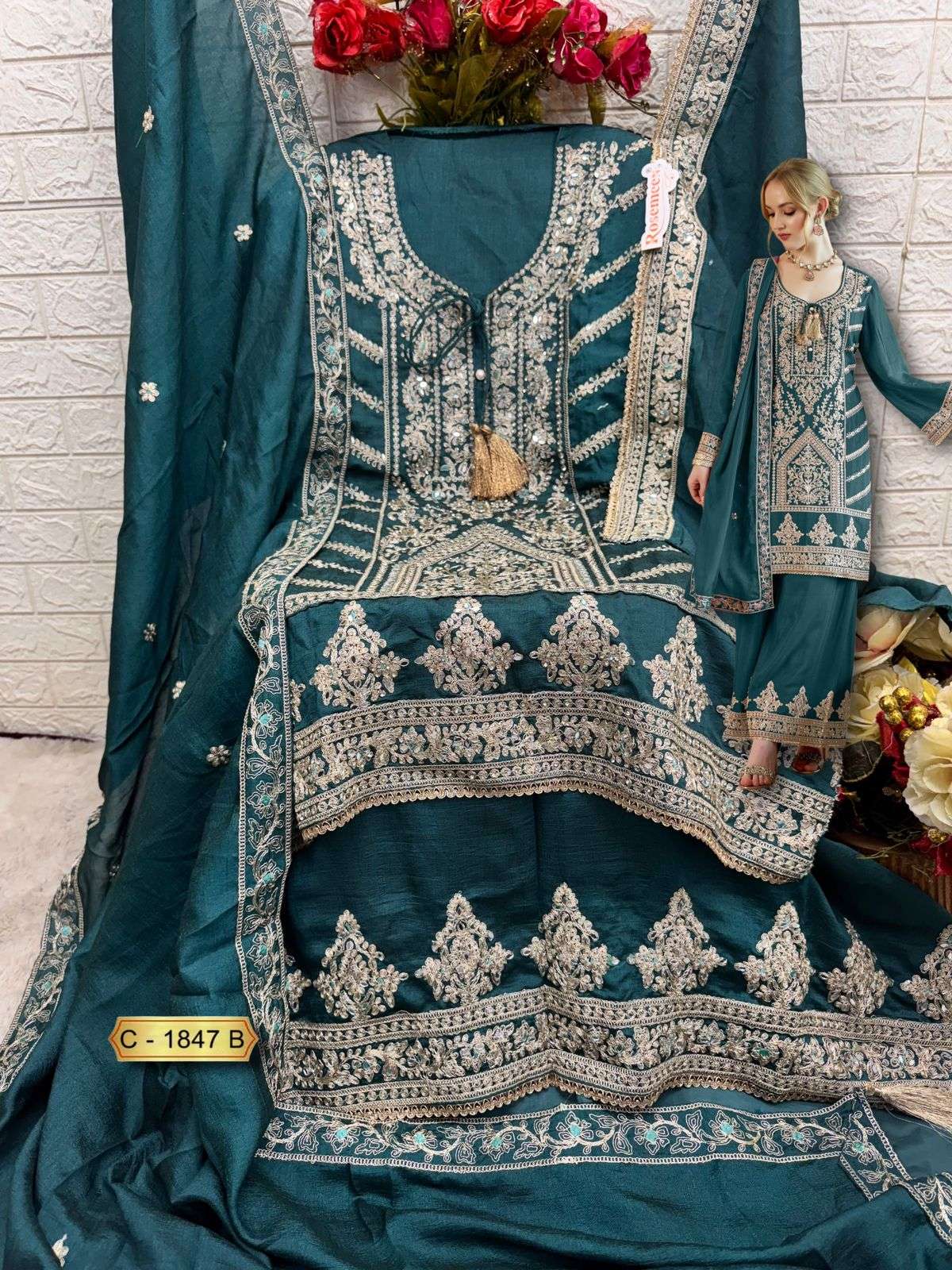 D.NO C 1847 HEAVY EMBROIDERED PAKISTANI SUIT (SEMI STICHED)