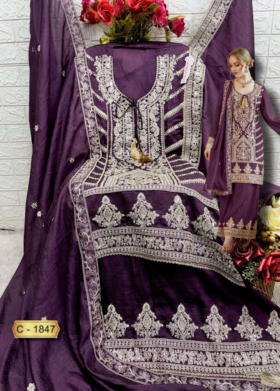 D.NO C 1847 HEAVY EMBROIDERED PAKISTANI SUIT (SEMI STICHED)