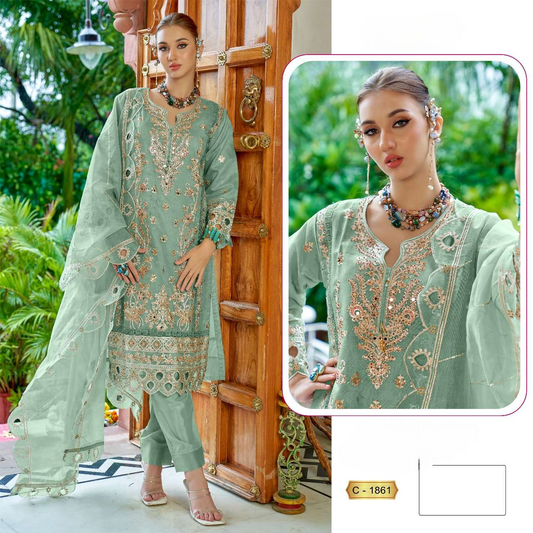 HEAVY BEAUTIFUL EMBROIDERD PAKISTANI SUIT D N:- 1861 (SEMI STITCHED)