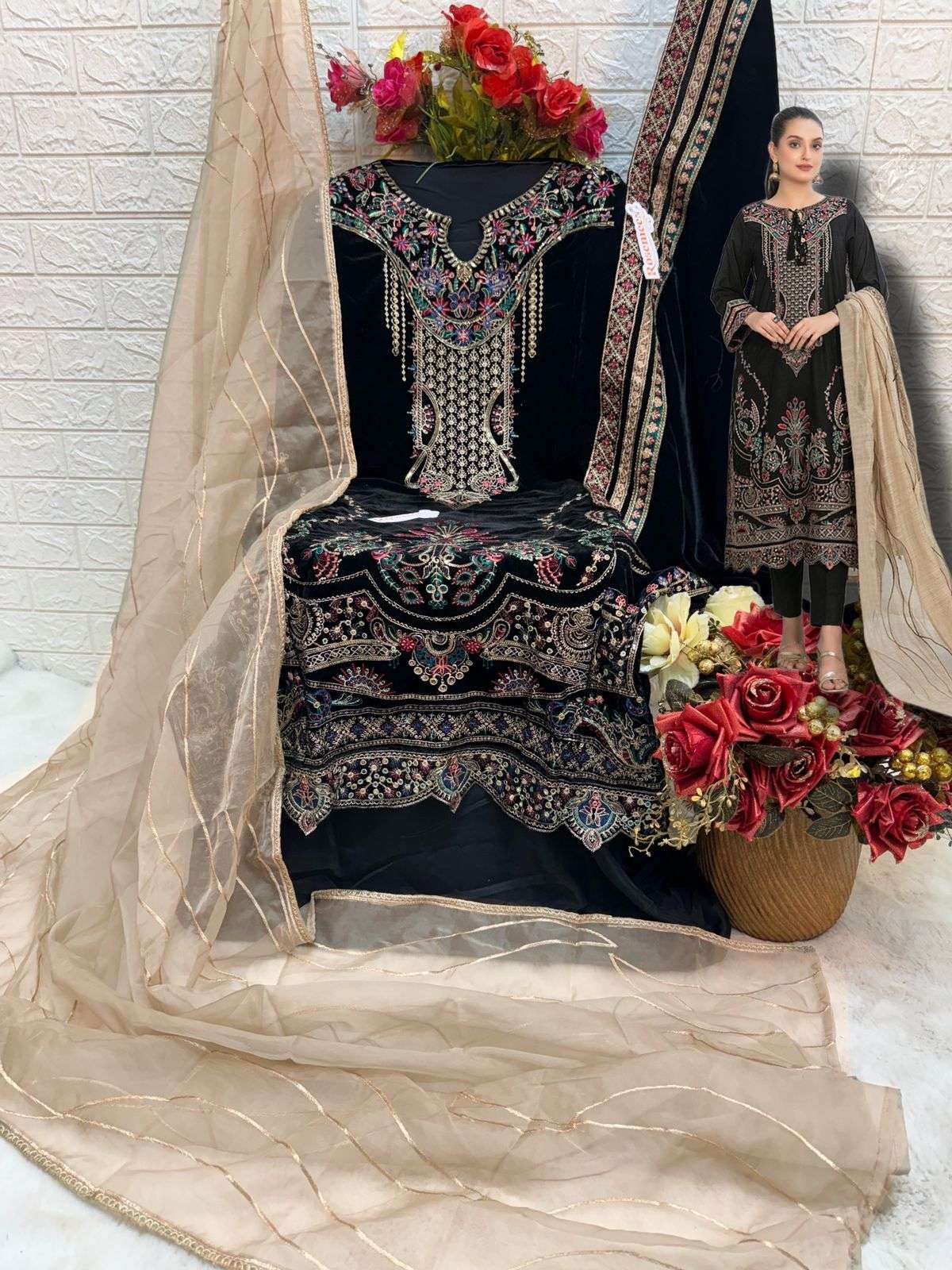 D N:- V 17029 VELVET EMBROIDERED PAKISTANI SUIT (SEMI STITCHED)