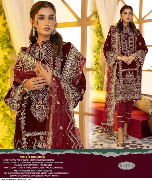 Exclusive Heavy Designs Winter Wear Pakistani Velvet Suit D N:- V 17011 (SEMI STITCHED)