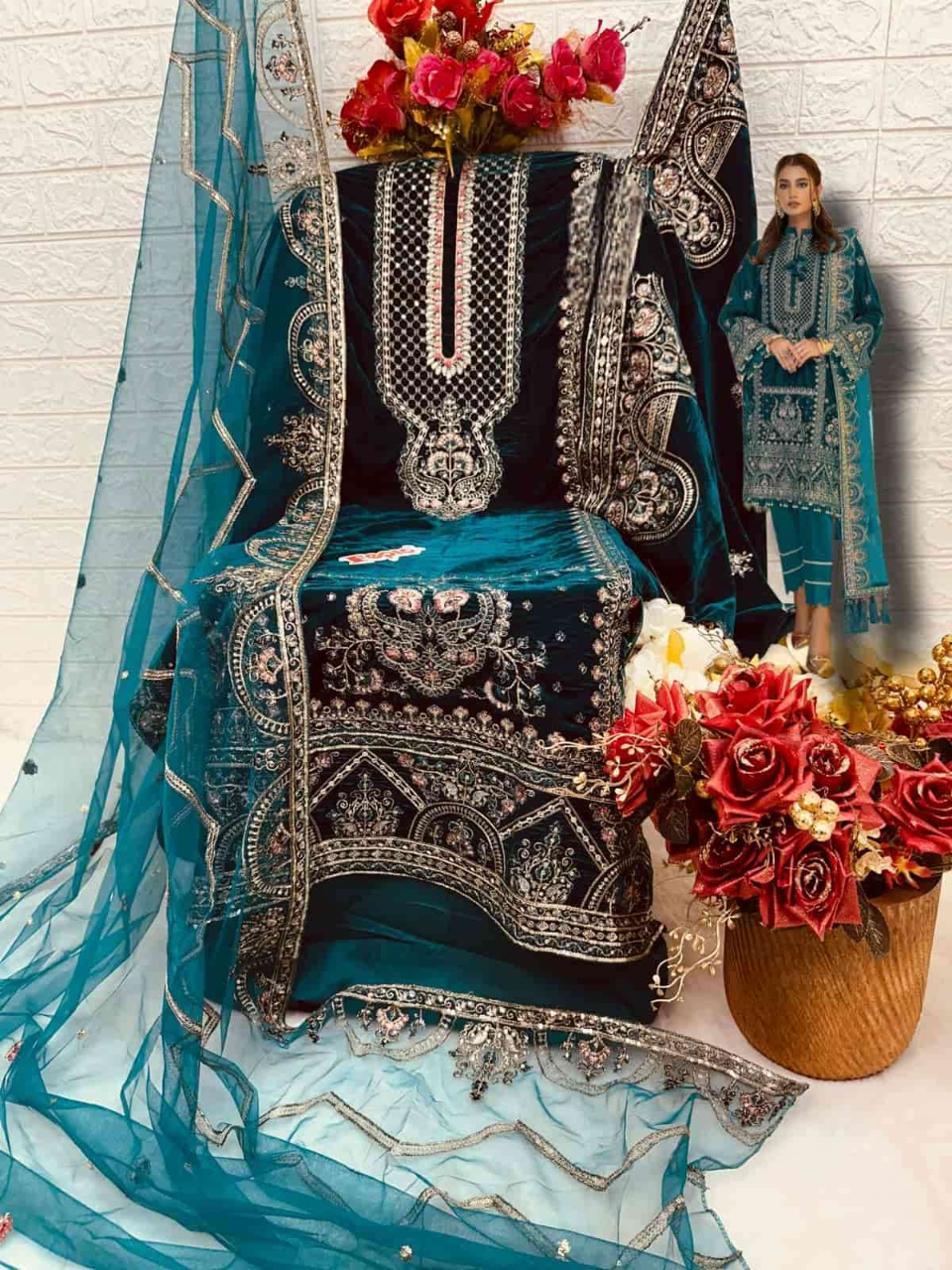 Exclusive Heavy Designs Winter Wear Pakistani Velvet Suit D N:- V 17011 (SEMI STITCHED)